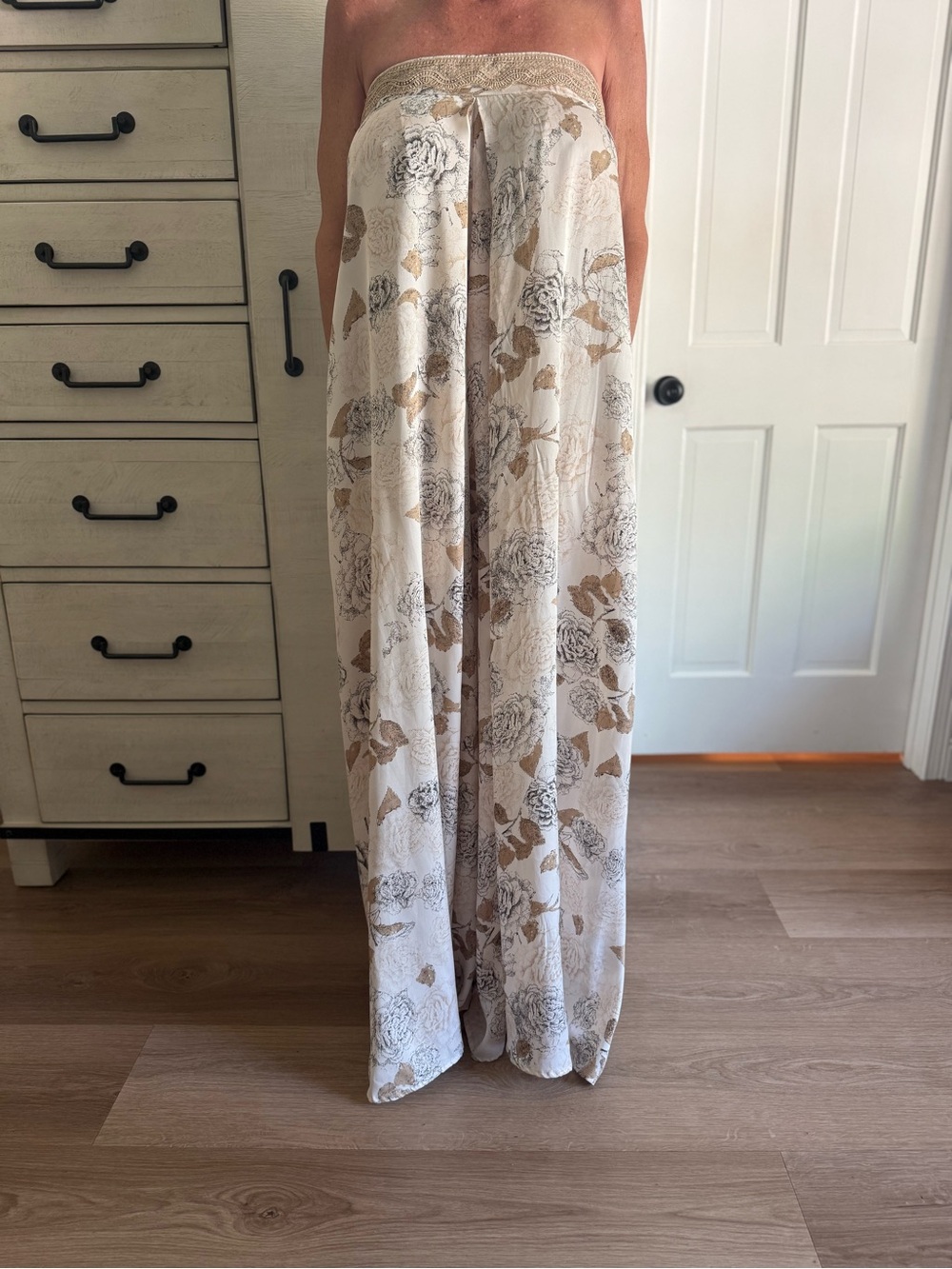 Strapless Floral Wide-Leg Jumpsuit in Cream, Tan and Pale Pink